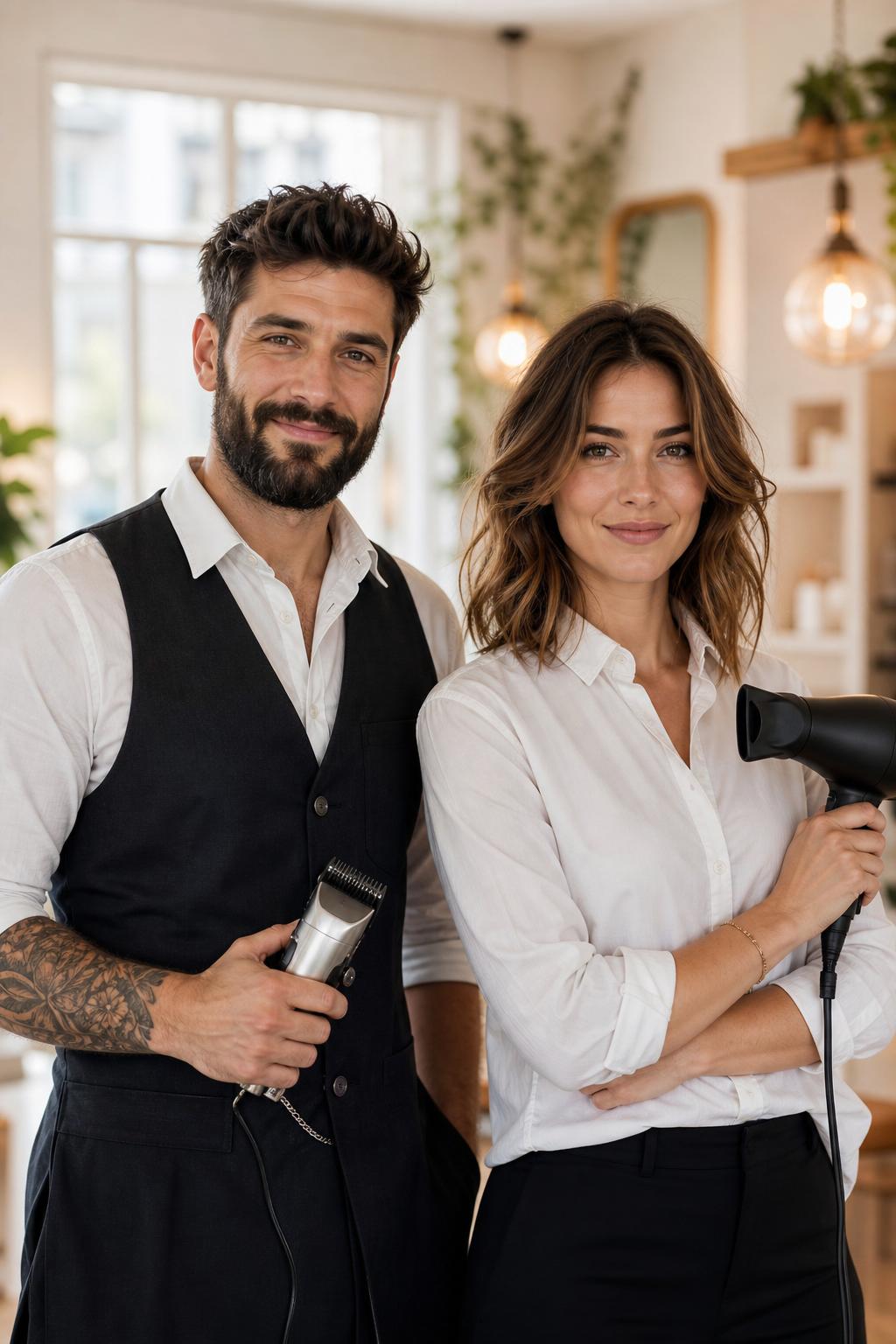 Barbeiro atendendo cliente masculino e cabeleireira atendendo cliente feminina a domicílio